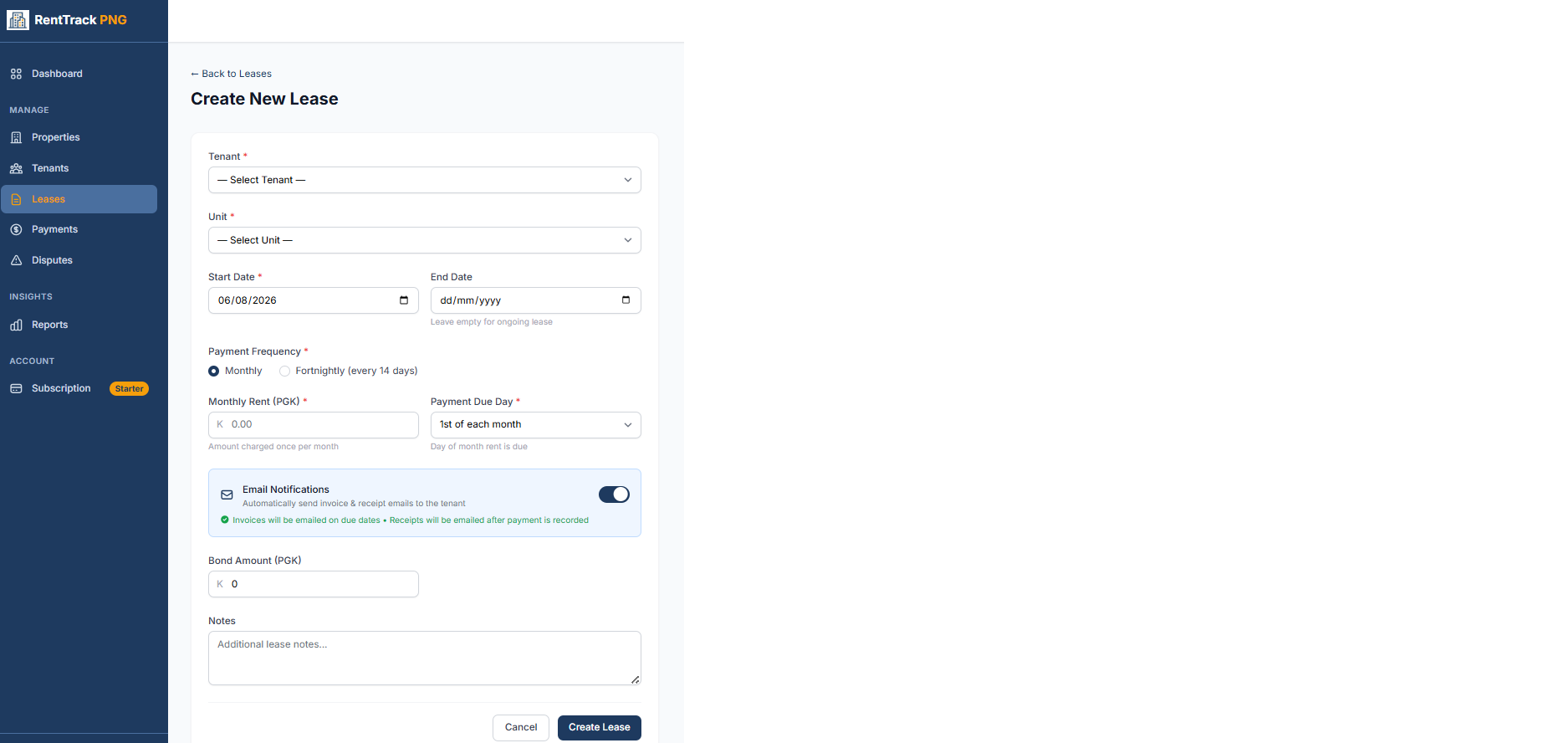 RentTrack PNG create new lease form